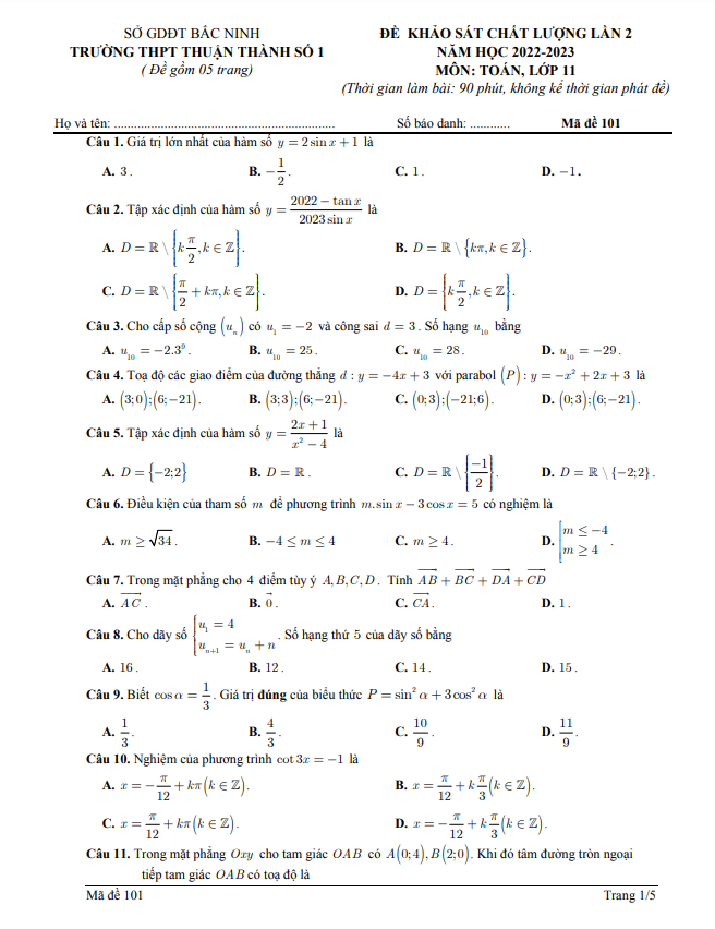 Đề khảo sát lần 2 lớp 11 môn Toán năm 2022 2023 trường THPT Thuận Thành 1 Bắc Ninh