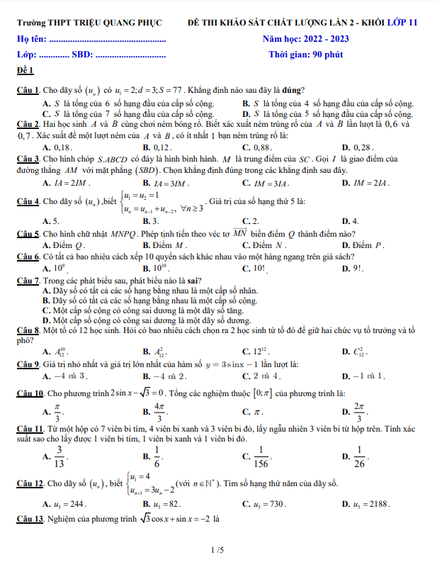 Đề khảo sát lần 2 lớp 11 môn Toán năm 2022 2023 trường THPT Triệu Quang Phục Hưng Yên