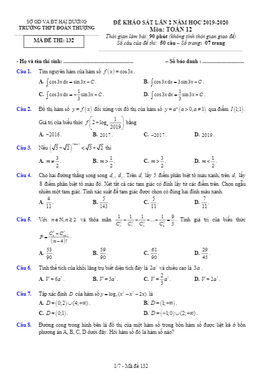 Đề khảo sát lần 2 lớp 12 môn Toán năm 2019 2020 trường Đoàn Thượng Hải Dương