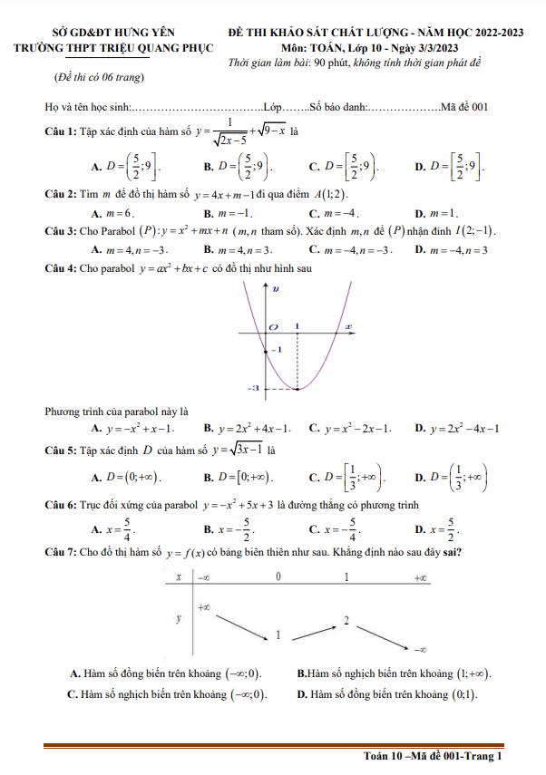 Đề khảo sát lần 3 lớp 10 môn Toán năm 2022 2023 trường THPT Triệu Quang Phục Hưng Yên