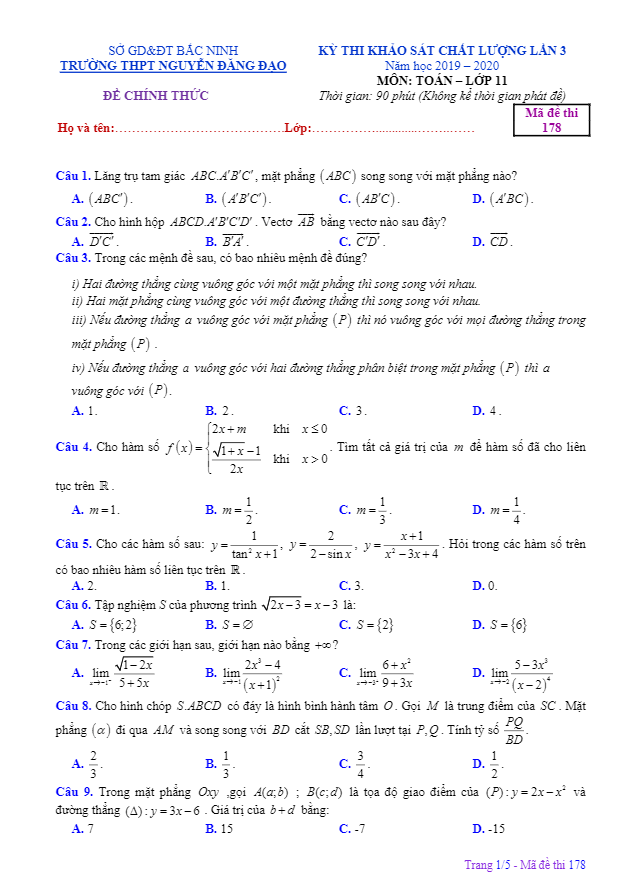 Đề khảo sát lần 3 lớp 11 môn Toán năm 2019 2020 trường Nguyễn Đăng Đạo Bắc Ninh