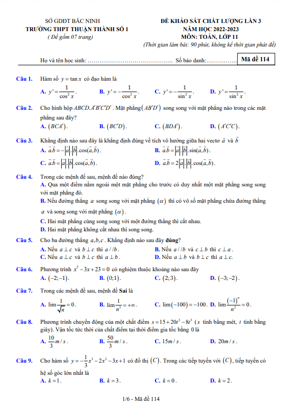 Đề khảo sát lần 3 lớp 11 môn Toán năm 2022 2023 trường THPT Thuận Thành 1 Bắc Ninh