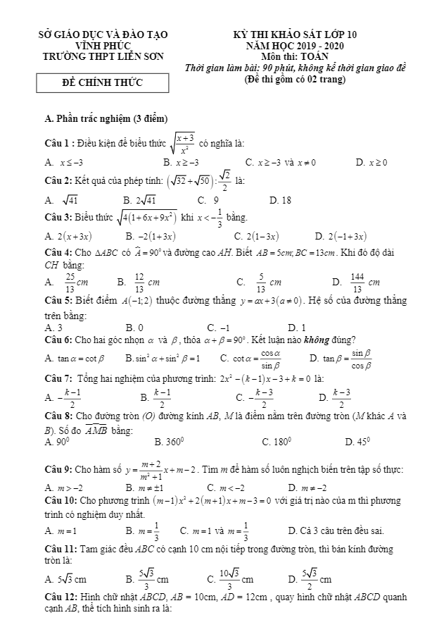 Đề khảo sát lớp 10 môn Toán chuẩn bị năm học 2019 – 2020 trường Liễn Sơn – Vĩnh Phúc