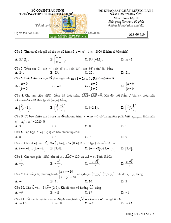 Đề khảo sát lớp 10 môn Toán lần 1 năm 2019 2020 trường Thuận Thành 1 Bắc Ninh