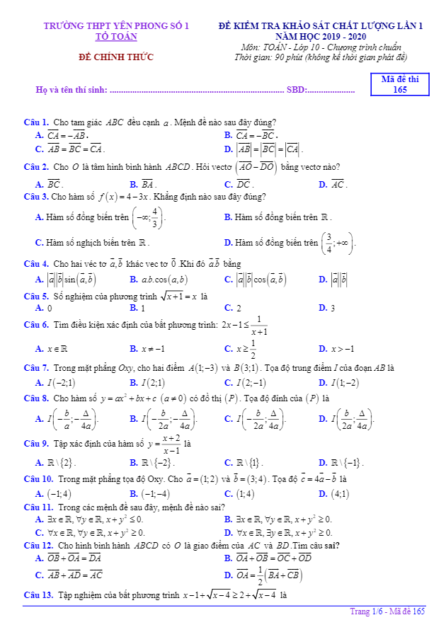 Đề khảo sát lớp 10 môn Toán lần 1 năm 2019 2020 trường Yên Phong 1 Bắc Ninh