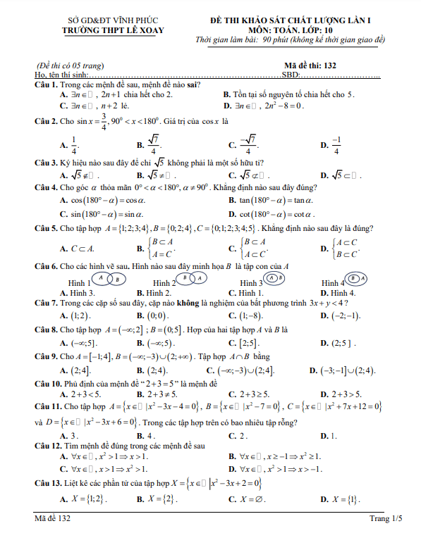 Đề khảo sát lớp 10 môn Toán lần 1 năm 2022 2023 trường THPT Lê Xoay Vĩnh Phúc