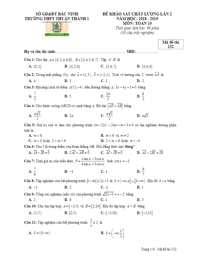 Đề khảo sát lớp 10 môn Toán lần 2 năm 2018 2019 trường Thuận Thành 1 Bắc Ninh
