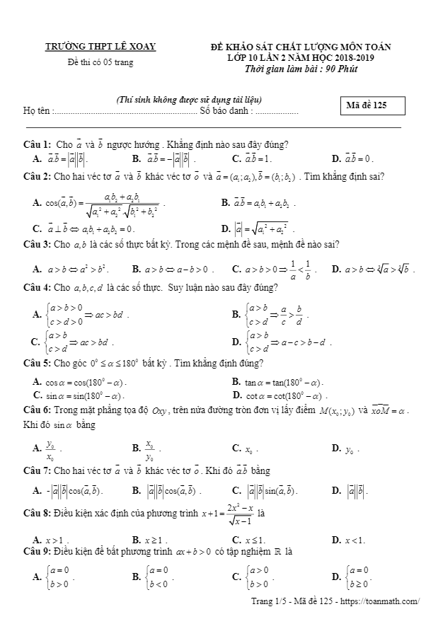 Đề khảo sát lớp 10 môn Toán lần 2 năm 2018 – 2019 trường THPT Lê Xoay – Vĩnh Phúc