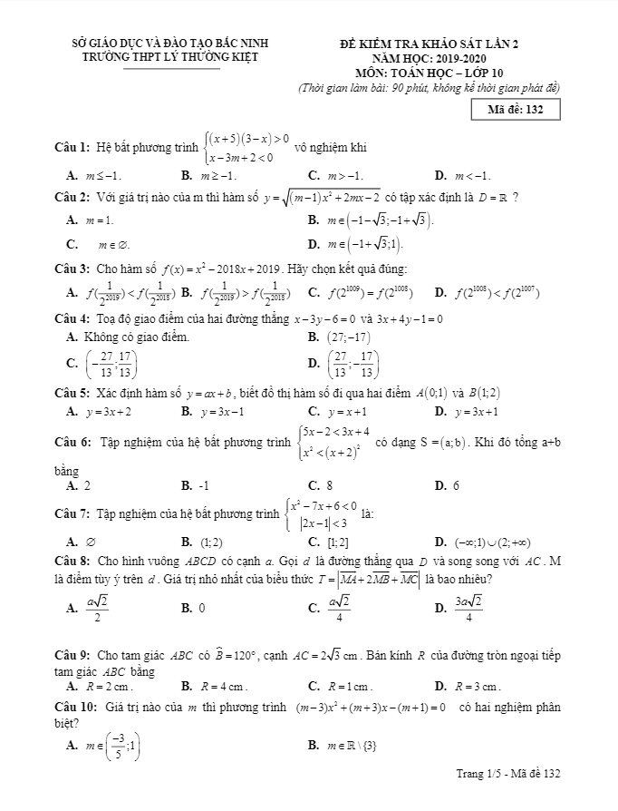 Đề khảo sát lớp 10 môn Toán lần 2 năm 2019 2020 trường THPT Lý Thường Kiệt Bắc Ninh