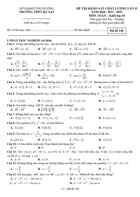 Đề khảo sát lớp 10 môn Toán lần 2 năm 2022 2023 trường THPT Kẻ Sặt Hải Dương
