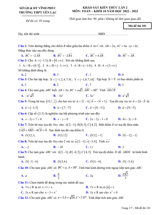 Đề khảo sát lớp 10 môn Toán lần 2 năm 2022 2023 trường THPT Yên Lạc Vĩnh Phúc