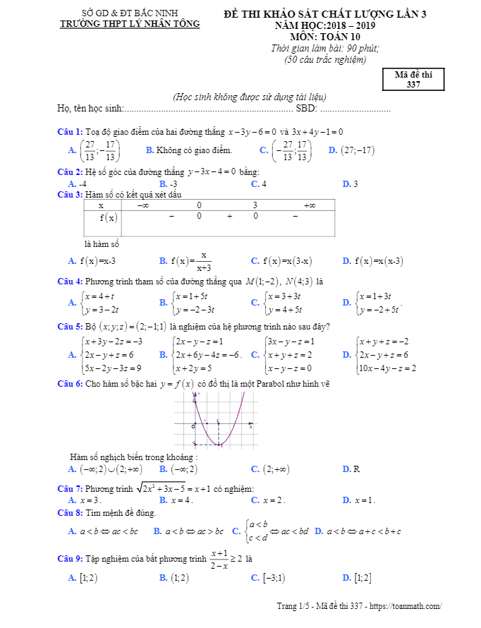 Đề khảo sát lớp 10 môn Toán lần 3 năm 2018 2019 trường Lý Nhân Tông Bắc Ninh