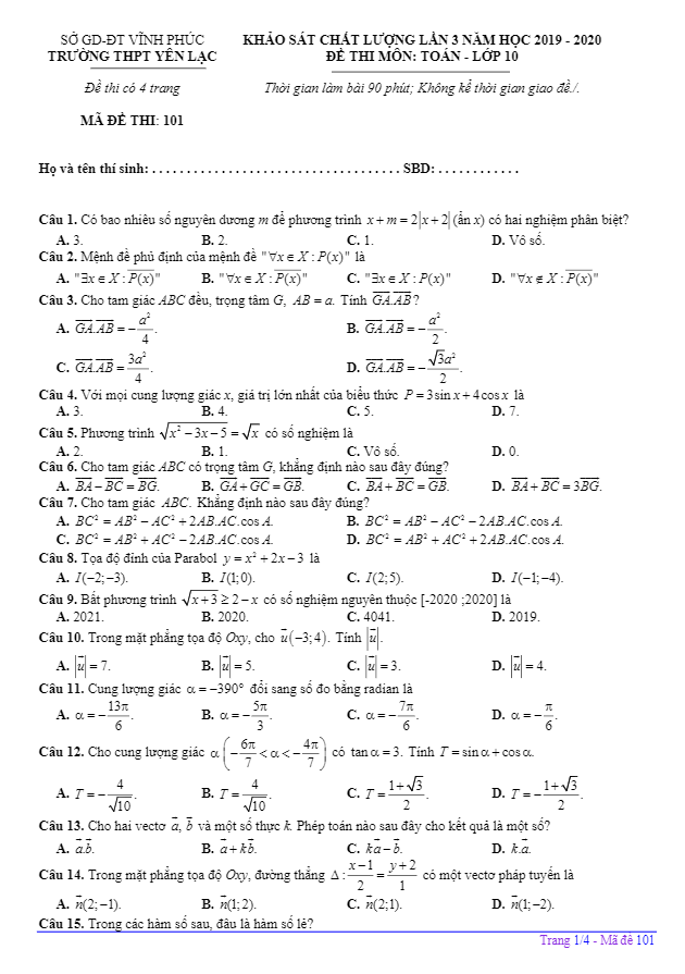 Đề khảo sát lớp 10 môn Toán lần 3 năm 2019 2020 trường THPT Yên Lạc Vĩnh Phúc