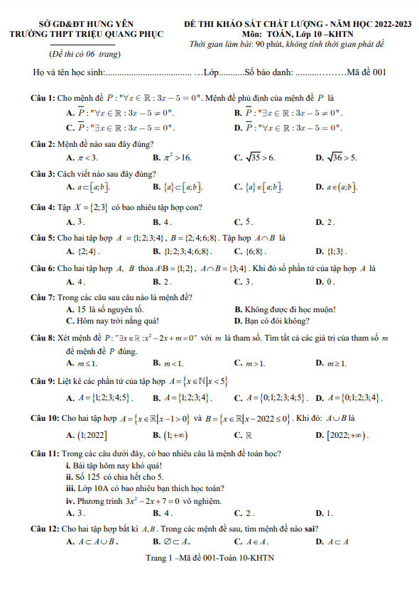 Đề khảo sát lớp 10 môn Toán năm 2022 2023 trường THPT Triệu Quang Phục Hưng Yên