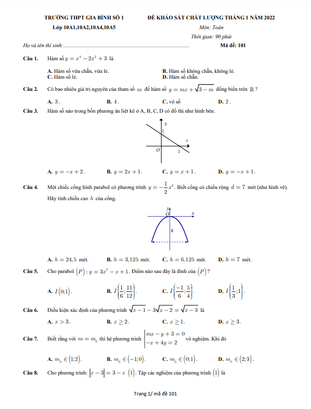 Đề khảo sát lớp 10 môn Toán tháng 1 năm 2022 trường THPT Gia Bình 1 Bắc Ninh