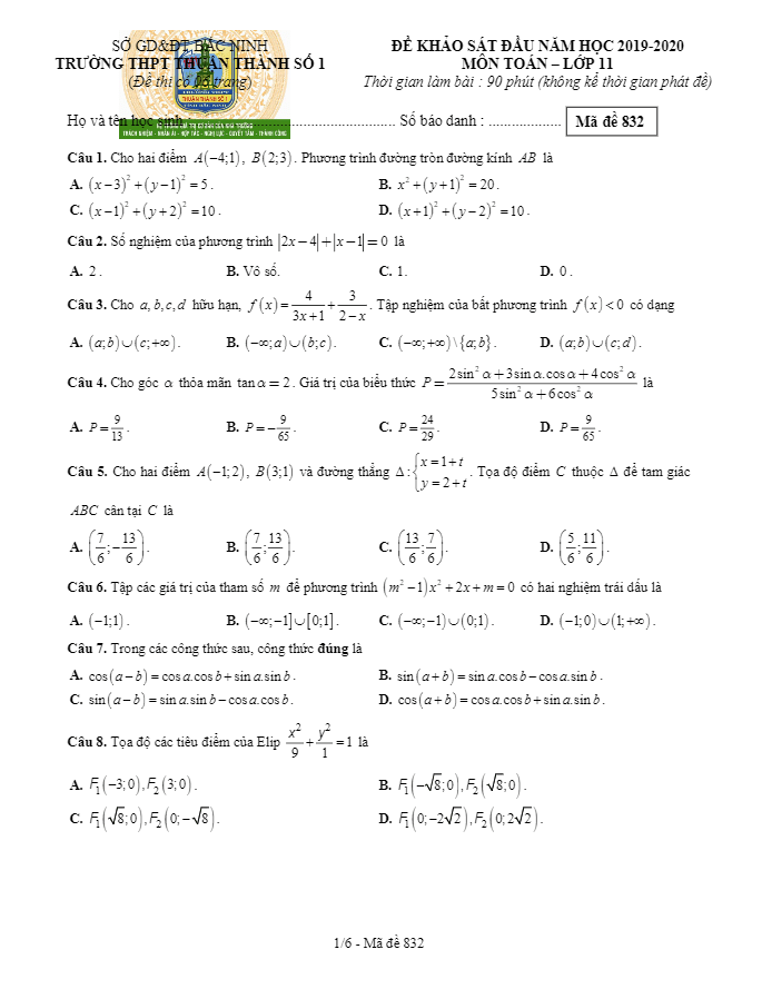 Đề khảo sát lớp 11 môn Toán đầu năm học 2019 2020 trường Thuận Thành 1 Bắc Ninh
