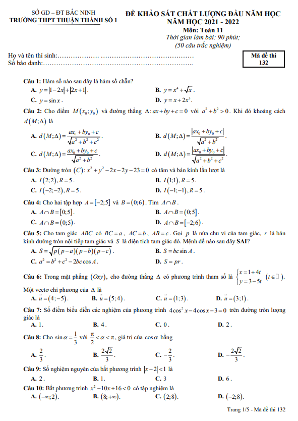Đề khảo sát lớp 11 môn Toán đầu năm học 2021 2022 trường Thuận Thành 1 Bắc Ninh