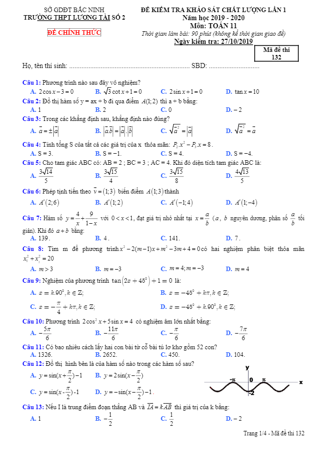 Đề khảo sát lớp 11 môn Toán lần 1 năm 2019 2020 trường THPT Lương Tài 2 Bắc Ninh