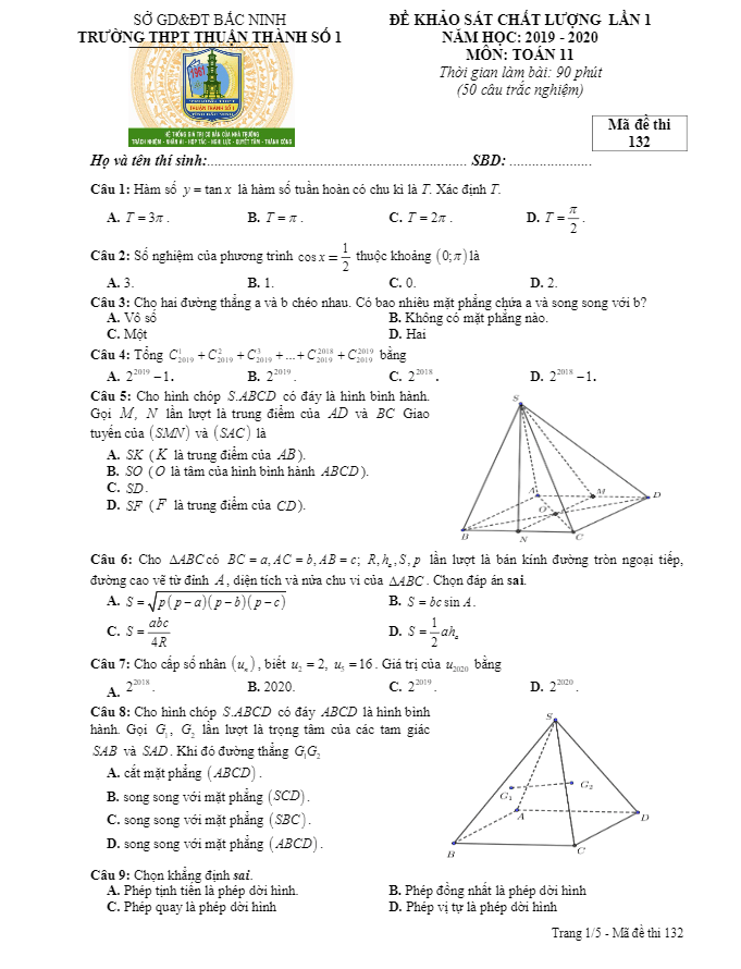 Đề khảo sát lớp 11 môn Toán lần 1 năm 2019 2020 trường Thuận Thành 1 Bắc Ninh