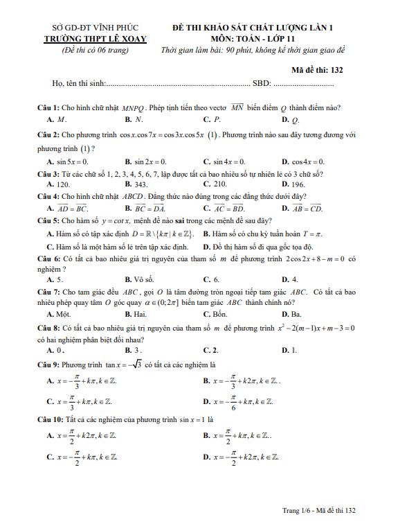 Đề khảo sát lớp 11 môn Toán lần 1 năm 2022 2023 trường THPT Lê Xoay Vĩnh Phúc