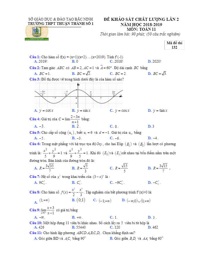 Đề khảo sát lớp 11 môn Toán lần 2 năm 2018 – 2019 trường Thuận Thành 1 – Bắc Ninh