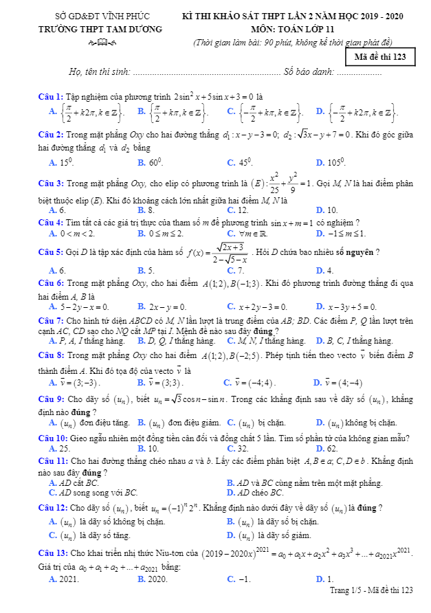Đề khảo sát lớp 11 môn Toán lần 2 năm 2019 2020 trường Tam Dương Vĩnh Phúc