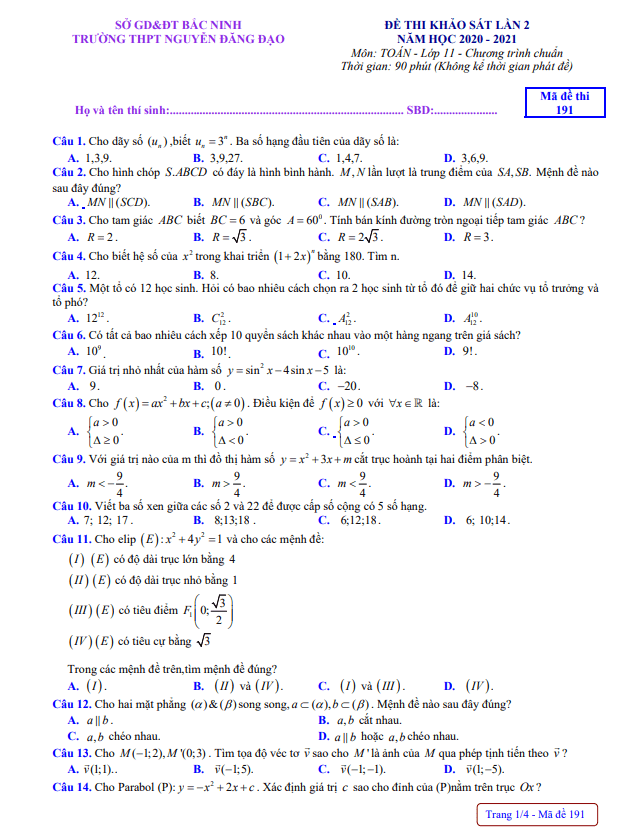 Đề khảo sát lớp 11 môn Toán lần 2 năm 2020 2021 trường Nguyễn Đăng Đạo Bắc Ninh