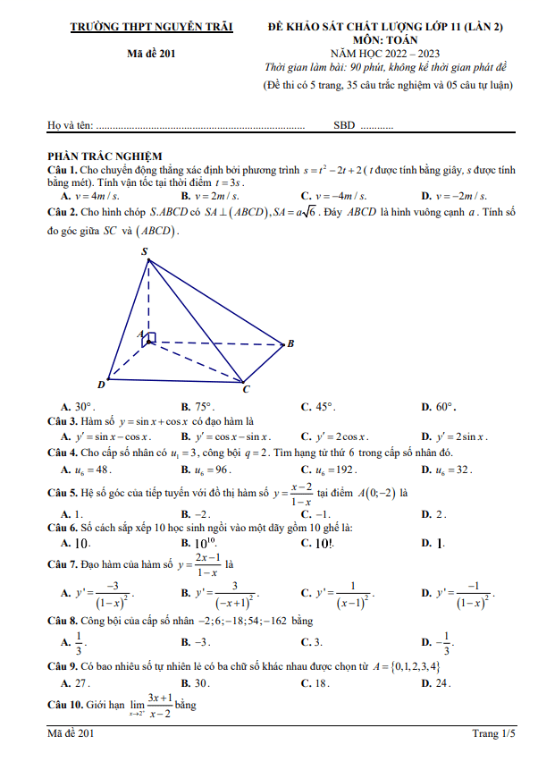 Đề khảo sát lớp 11 môn Toán lần 2 năm 2022 2023 trường THPT Nguyễn Trãi Thanh Hoá