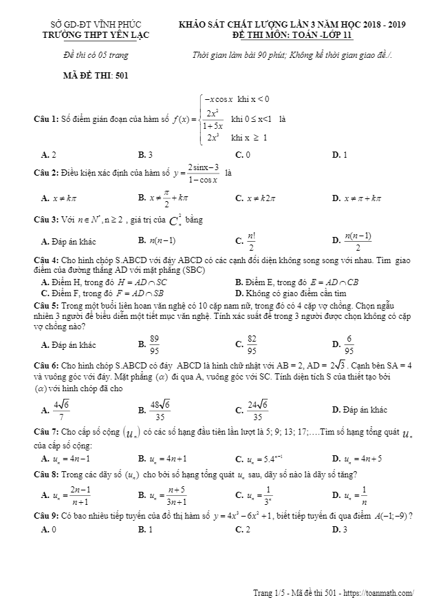 Đề khảo sát lớp 11 môn Toán lần 3 năm 2018 2019 trường THPT Yên Lạc Vĩnh Phúc
