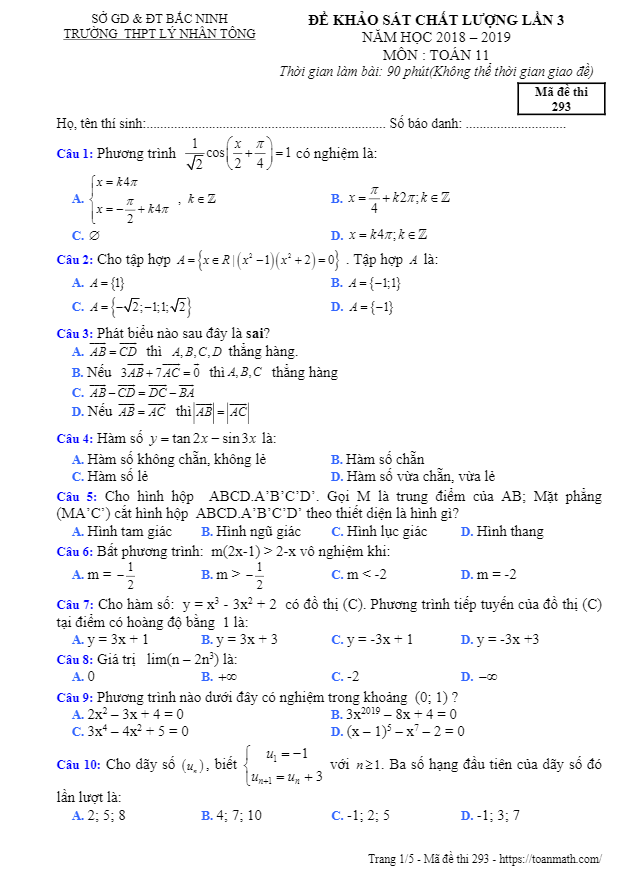 Đề khảo sát lớp 11 môn Toán lần 3 năm 2018 – 2019 trường Lý Nhân Tông – Bắc Ninh