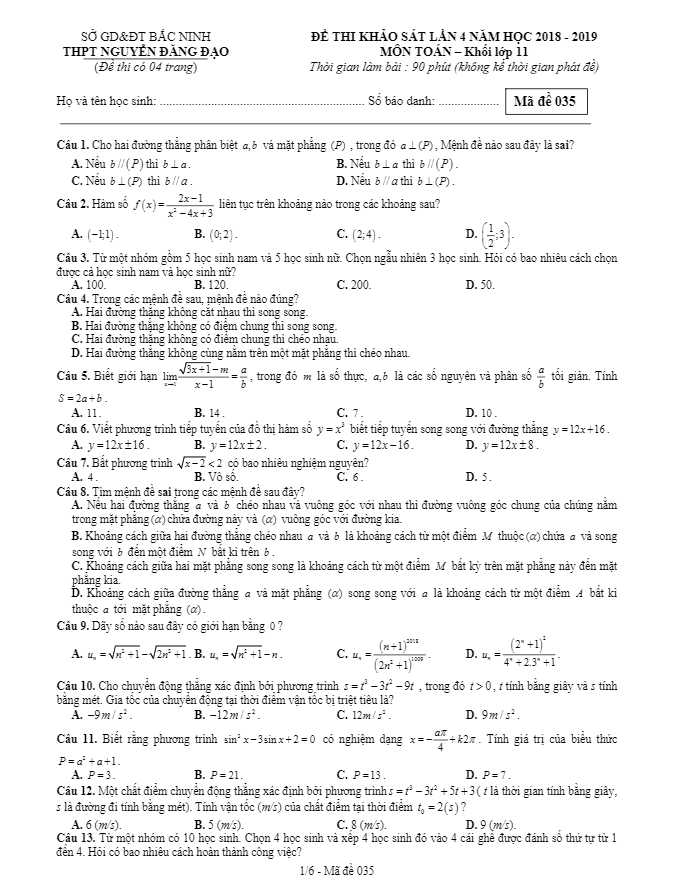 Đề khảo sát lớp 11 môn Toán lần 4 năm 2018 2019 trường Nguyễn Đăng Đạo Bắc Ninh