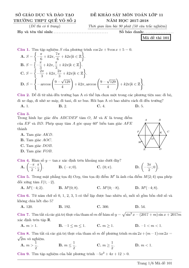 Đề khảo sát lớp 11 môn Toán năm học 2017 2018 trường THPT Quế Võ 2 Bắc Ninh