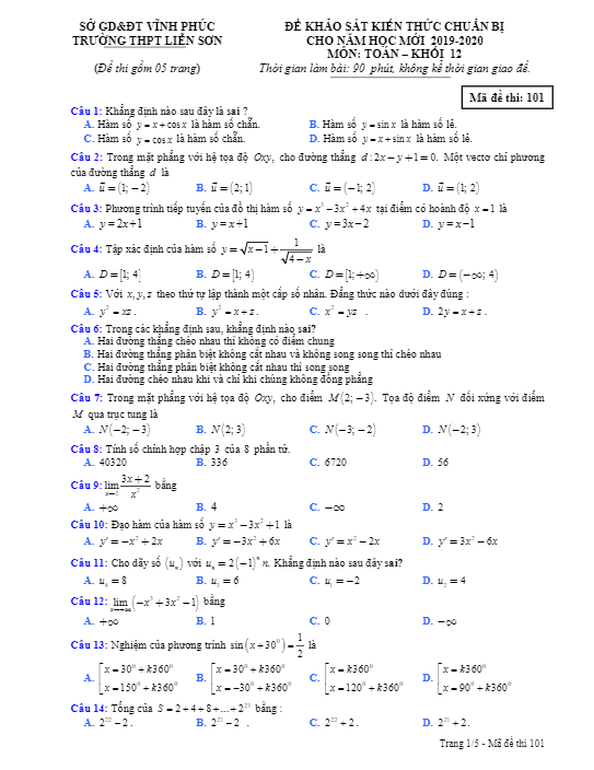 Đề khảo sát lớp 12 môn Toán chuẩn bị năm học 2019 2020 trường Liễn Sơn Vĩnh Phúc