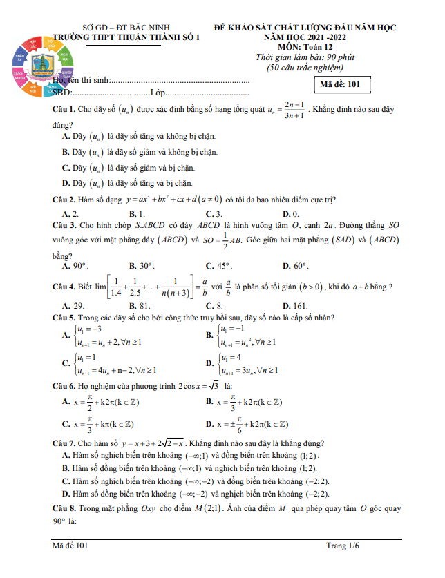 Đề khảo sát lớp 12 môn Toán đầu năm học 2021 2022 trường Thuận Thành 1 Bắc Ninh