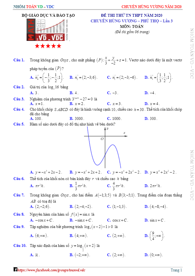 Đề khảo sát lớp 12 môn Toán lần 03 năm 2020 trường chuyên Hùng Vương Phú Thọ