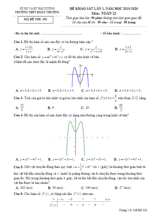Đề khảo sát lớp 12 môn Toán lần 1 năm 2019 2020 trường Đoàn Thượng Hải Dương