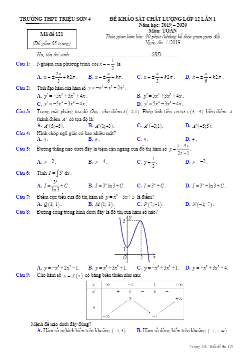 Đề khảo sát lớp 12 môn Toán lần 1 năm 2019 2020 trường Triệu Sơn 4 Thanh Hóa