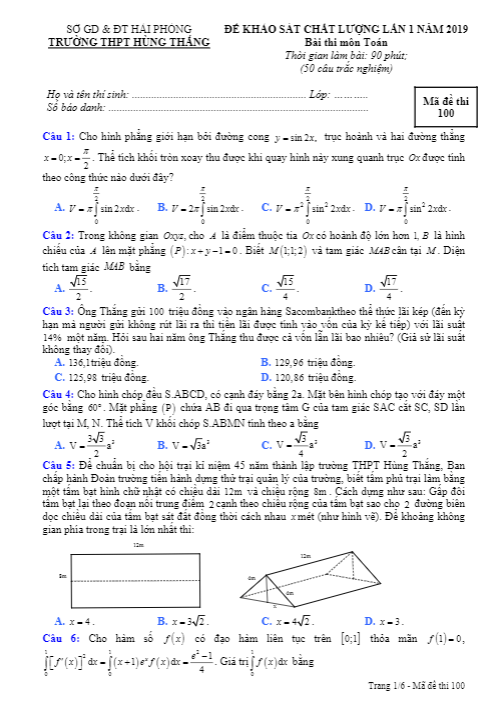 Đề khảo sát lớp 12 môn Toán lần 1 năm 2019 trường THPT Hùng Thắng Hải Phòng