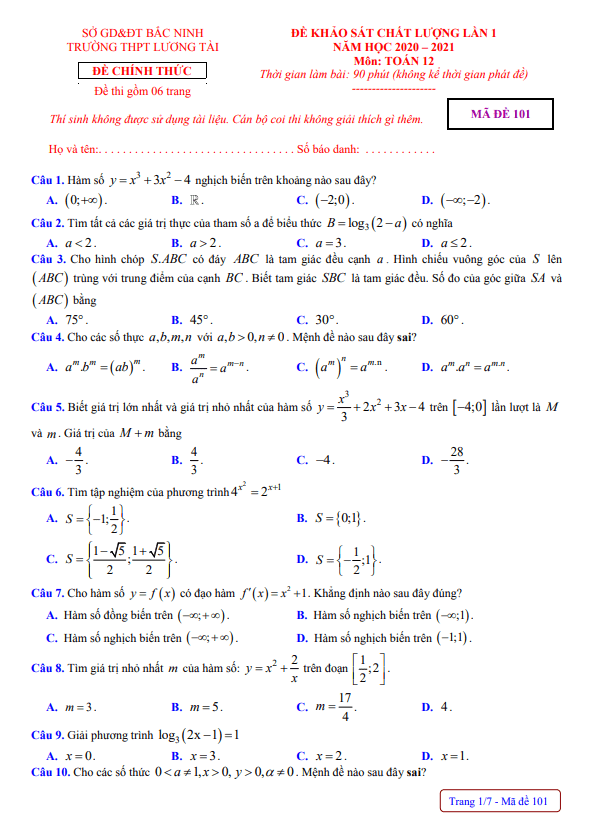 Đề khảo sát lớp 12 môn Toán lần 1 năm 2020 2021 trường THPT Lương Tài Bắc Ninh