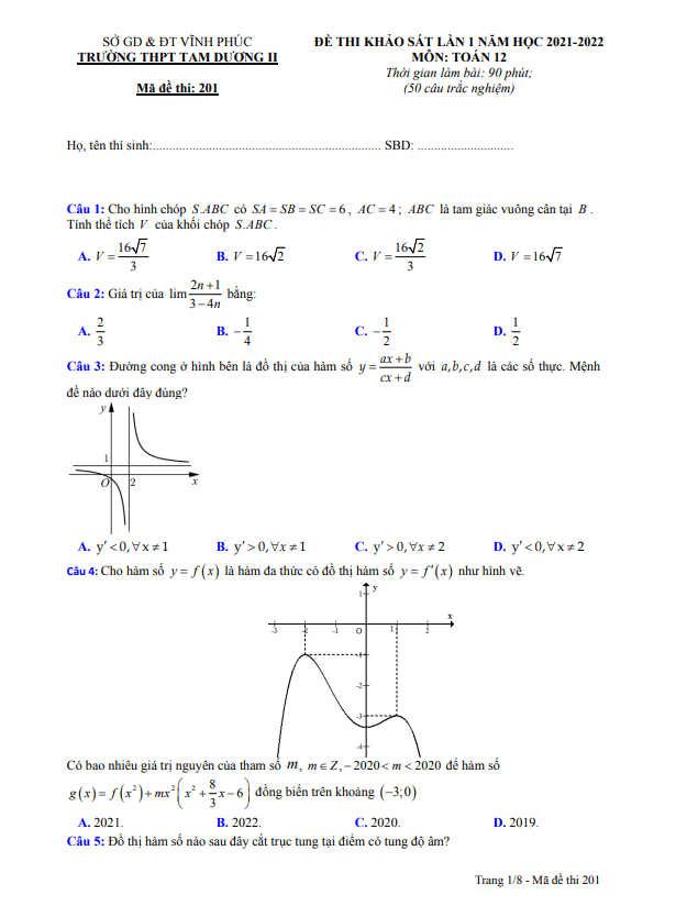 Đề khảo sát lớp 12 môn Toán lần 1 năm 2021 2022 trường THPT Tam Dương 2 Vĩnh Phúc