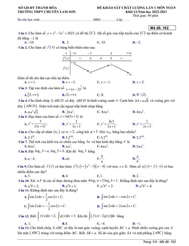 Đề khảo sát lớp 12 môn Toán lần 1 năm 2022 2023 trường chuyên Lam Sơn Thanh Hóa