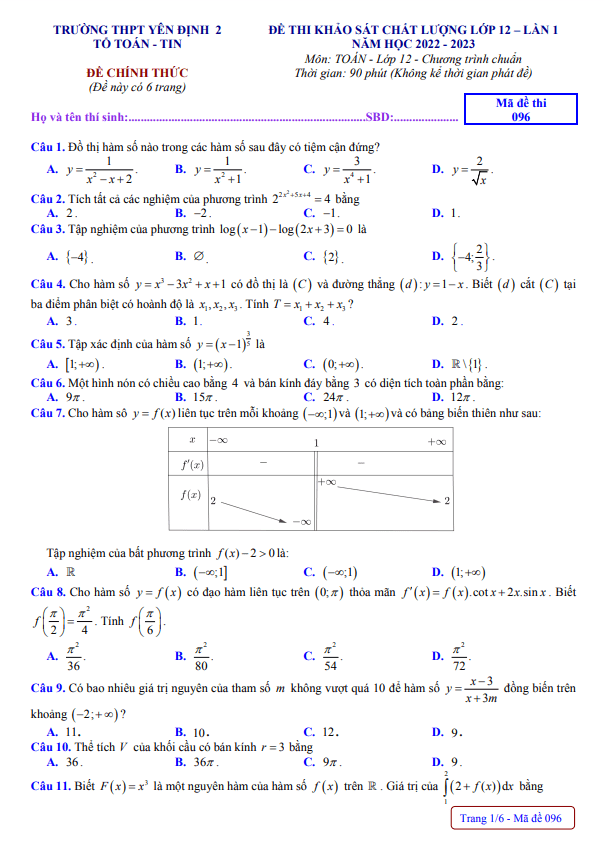 Đề khảo sát lớp 12 môn Toán lần 1 năm 2022 2023 trường THPT Yên Định 2 Thanh Hóa