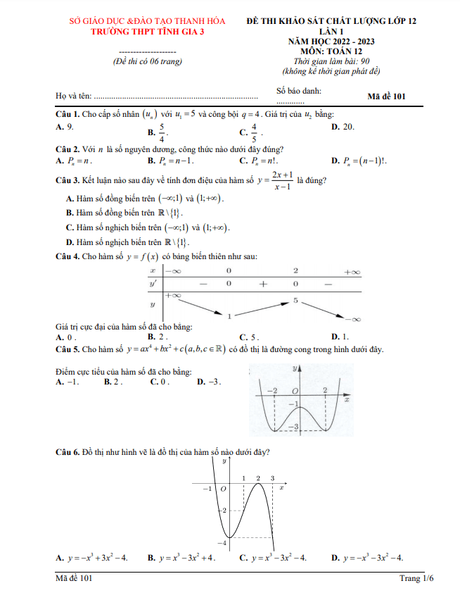 Đề khảo sát lớp 12 môn Toán lần 1 năm 2022 2023 trường Tĩnh Gia 3 Thanh Hóa