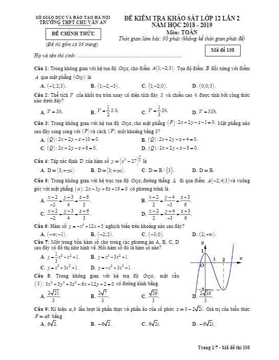 Đề khảo sát lớp 12 môn Toán lần 2 năm 2018 2019 trường Chu Văn An Hà Nội