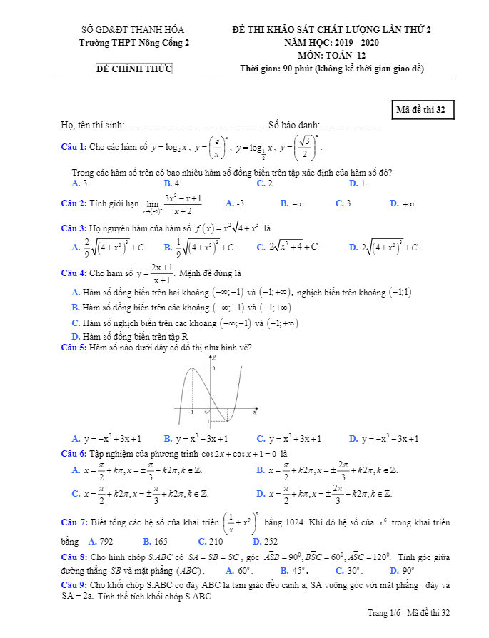 Đề khảo sát lớp 12 môn Toán lần 2 năm 2019 2020 THPT Nông Cống 2 Thanh Hóa
