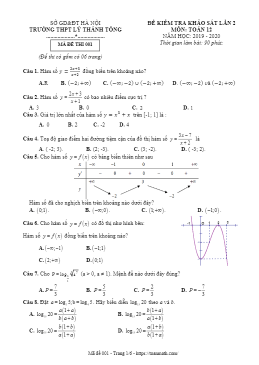 Đề khảo sát lớp 12 môn Toán lần 2 năm 2019 2020 trường Lý Thánh Tông Hà Nội
