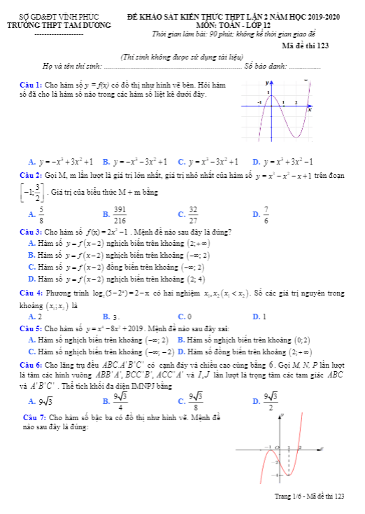 Đề khảo sát lớp 12 môn Toán lần 2 năm 2019 2020 trường Tam Dương Vĩnh Phúc