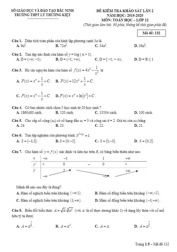 Đề khảo sát lớp 12 môn Toán lần 2 năm 2019 2020 trường THPT Lý Thường Kiệt Bắc Ninh
