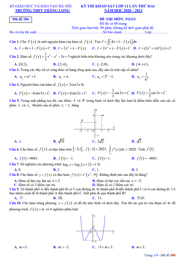 Đề khảo sát lớp 12 môn Toán lần 2 năm 2020 2021 trường THPT Thăng Long Hà Nội