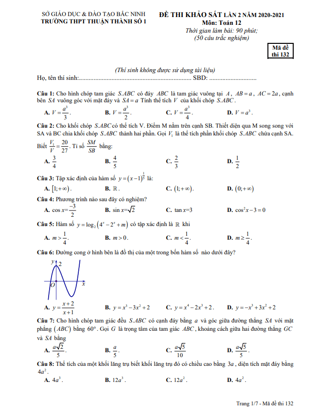Đề khảo sát lớp 12 môn Toán lần 2 năm 2020 2021 trường Thuận Thành 1 Bắc Ninh